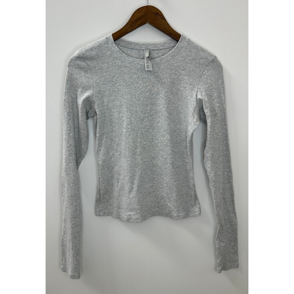 SKIMS Ribbed Cotton Blend Crew Neck Long Sleeve Large Top Light Heather Gray - Picture 4 of 12